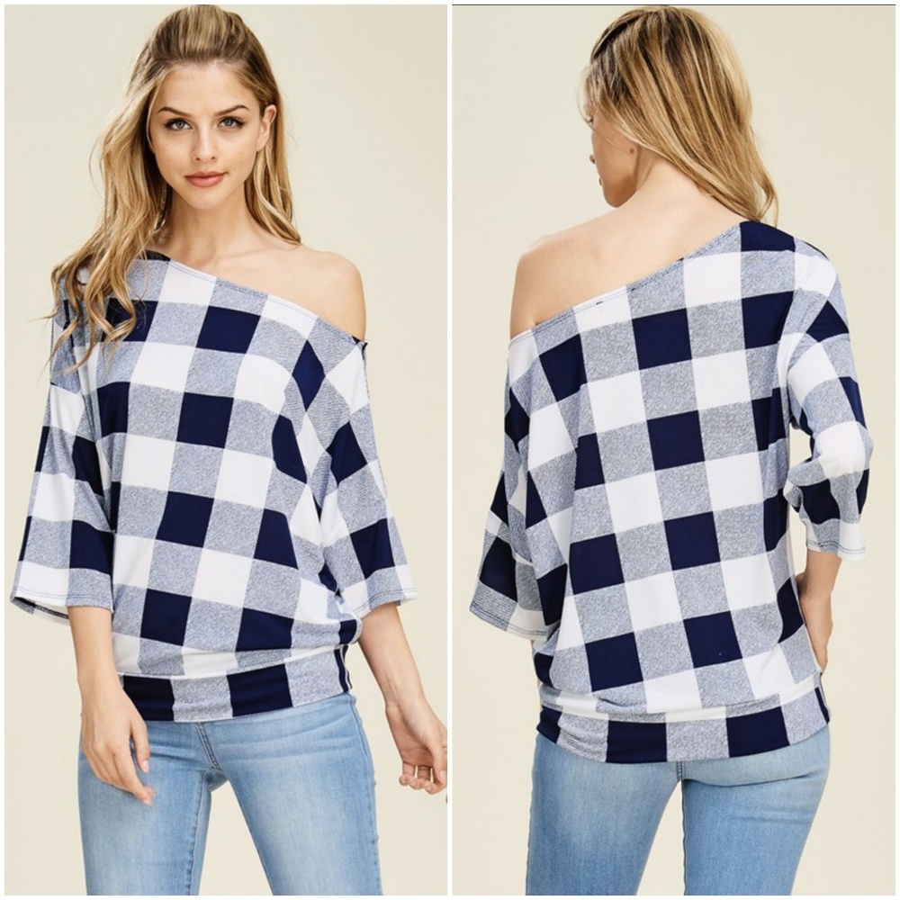 Navy Off The Shoulder Checkered Top - Picture 3 of 5